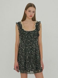 D13552869韩东大门23春夏设计师品牌蕾丝方领时尚无袖碎花连衣裙