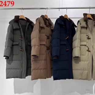 D820102343 韩版25冬新温暖厚实时尚连帽中长款牛角扣羽绒服2479