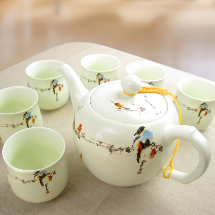 优级粉彩7头陶瓷茶壶杯牡丹精致精品正品知竹春晓功夫茶具套装