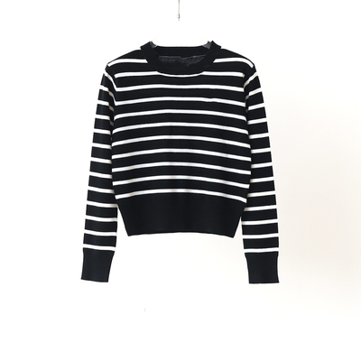 黑白条纹 女士秋冬新款圆领打底羊毛衫薄款宽松短款休闲针织毛衣