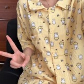 纯棉双层纱套装 女夏季 长裤 黄底小兔短袖 卡通可爱家居服可外穿 新品