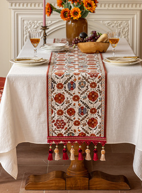 防水复古美式高级感法式红色花卉流苏餐桌玄关电视柜新欧式桌旗