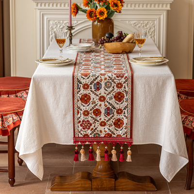 防水复古美式高级感法式红色花卉流苏餐桌玄关电视柜新欧式桌旗