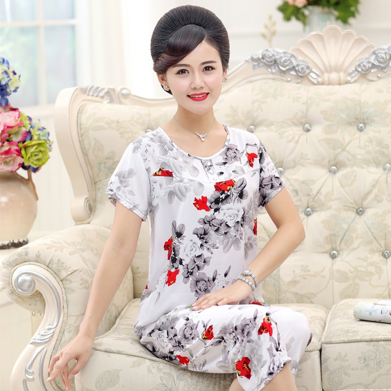 中年妈妈棉绸睡衣女中老年人夏季短袖中长裤绵绸人造棉家居服套装限6000张券