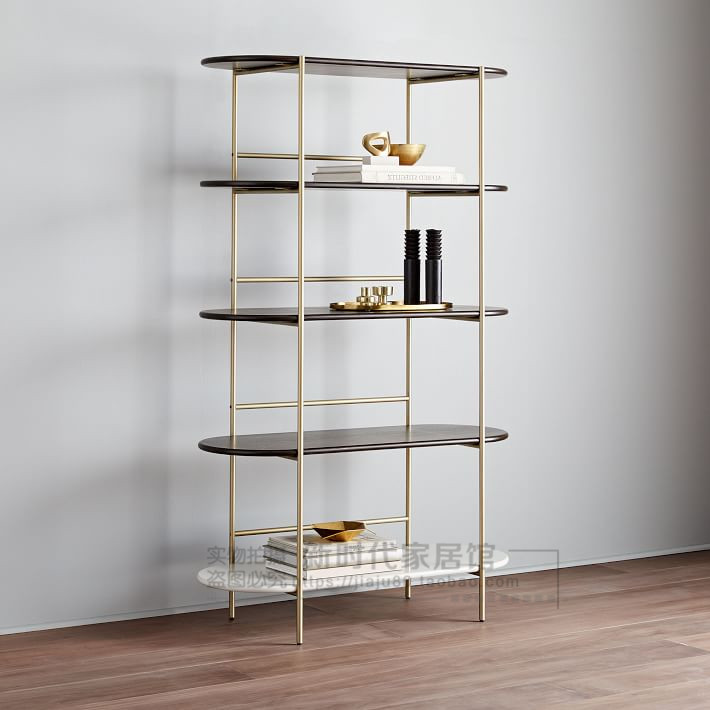 隔板落地卧室铁艺金色实木展示架