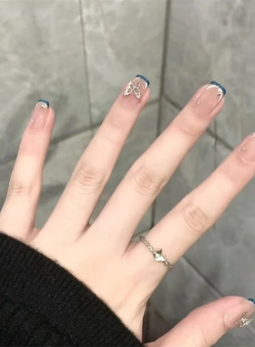 【青花】纯手工蓝色法式气质梯形穿戴式美甲温柔短款穿戴甲指甲贴