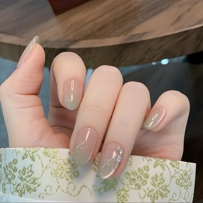 纯手工青绿色渐变猫眼椭圆美甲