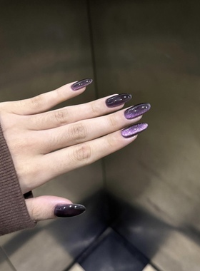 【醉胭脂】纯手工多变猫眼紫色穿戴式美甲气质椭圆指甲贴穿戴甲