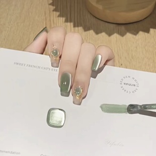【七里香】纯手工夏日抹茶绿穿戴式美甲气质绿色猫眼流行穿戴甲