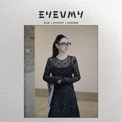 【花影轻纱】修身黑色透视蕾丝长袖上衣WT52DXY004