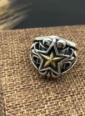 欧美朋克风潮流食指男泰银个性首饰宽面炫酷复古纯银五角星戒指