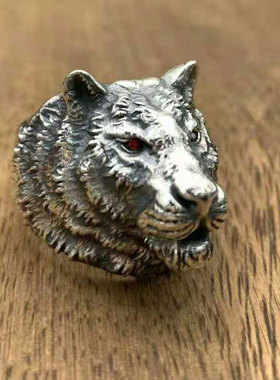 潮人朋克风帅气个性精雕夸张纯银老虎戒指 男霸气复古泰银食指戒