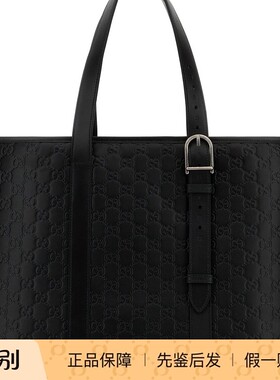 GUCCI 古驰男士黑色emblem大号真皮购物包2026早春新款意大利代购
