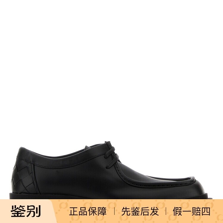 BOTTEGA VENETA 男ben 黑色编织细节系带 bv皮鞋25秋冬意大利代购