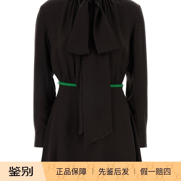 GUCCI 古驰深棕色真丝腰带马衔扣印花连衣裙26早春新款意大利代购