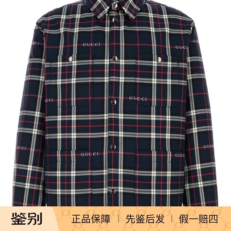 GUCCI 古驰男士蓝色格子填充翻领夹克2026早春新款意大利代购正品