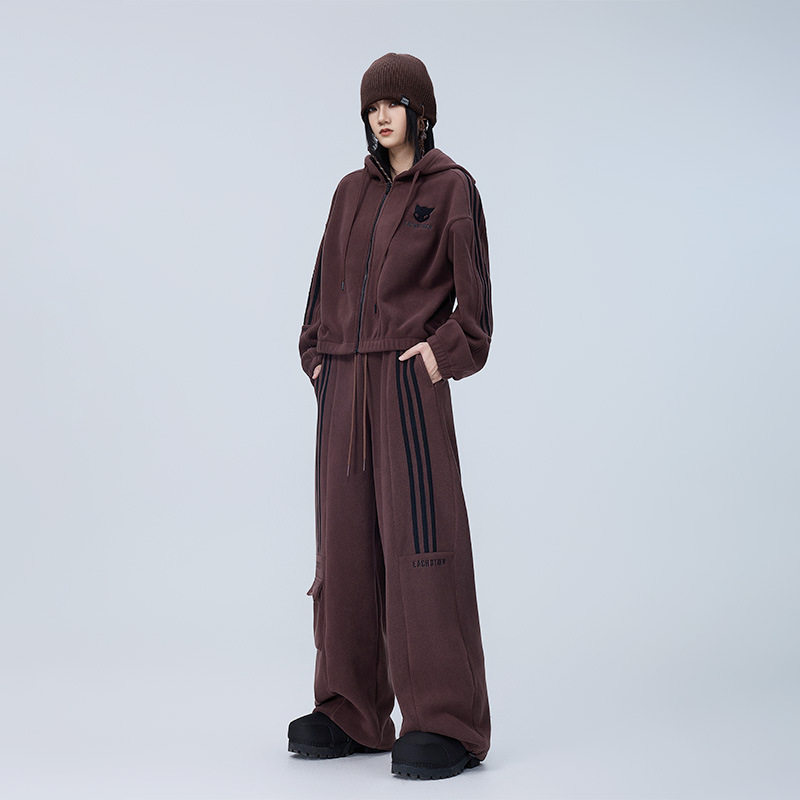 拓谷潮牌双面摇粒绒休闲套装女冬款保暖抓绒运动外套加绒加厚裤子