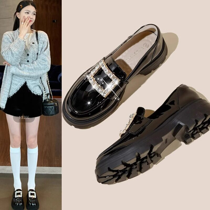 乐福鞋女厚底2025年春季新款软底不累脚英伦风水钻时尚百搭小皮鞋