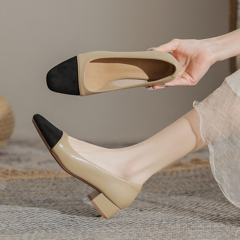 真皮高跟鞋女2025秋季新款粗跟小香风单鞋方头黑色职业工作鞋大码