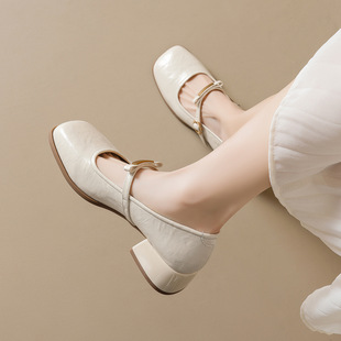 真皮法式玛丽珍鞋女2026夏季新款小皮鞋一字带低跟配裙子浅口单鞋