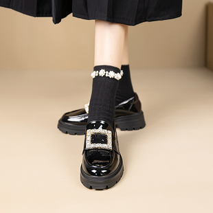 真皮乐福鞋女2025年春季新款英伦风小皮鞋水钻厚底复古一脚蹬单鞋