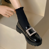 水钻方扣软底单鞋 厚底加绒乐福鞋 女英伦风2026春秋新款 真皮小皮鞋