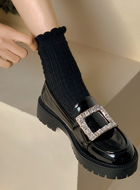 真皮小皮鞋女英伦风2025春秋新款厚底加绒乐福鞋水钻方扣软底单鞋