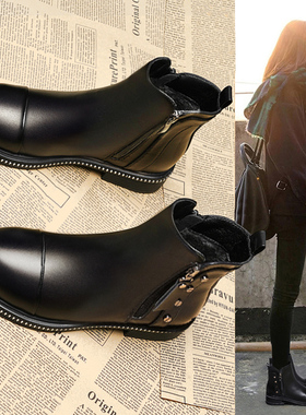 马丁靴女英伦风2025冬季新款铆钉短靴平底百搭加绒棉鞋春秋单靴