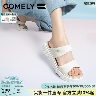 康莉羊皮一字拖鞋 女增高简约夏季 真皮厚底户外沙滩海边休闲凉拖鞋