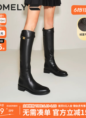 康莉王子璇同款真皮骑士靴女秋冬圆头粗跟牛皮加绒黑色长筒靴靴子