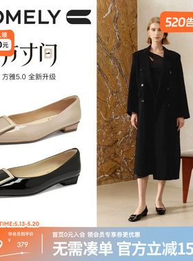 康莉真皮方扣平底鞋女春季新款方头法式气质黑色低跟浅口单鞋