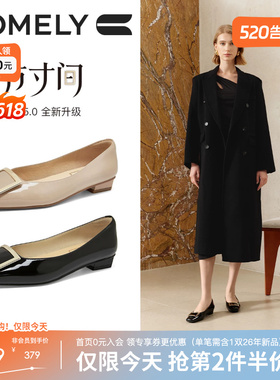 康莉真皮方扣平底鞋女春季新款方头法式气质黑色低跟浅口单鞋