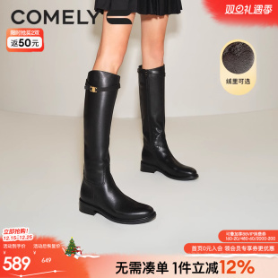 康莉王子璇同款 真皮骑士靴女秋冬圆头粗跟牛皮加绒黑色长筒靴靴子