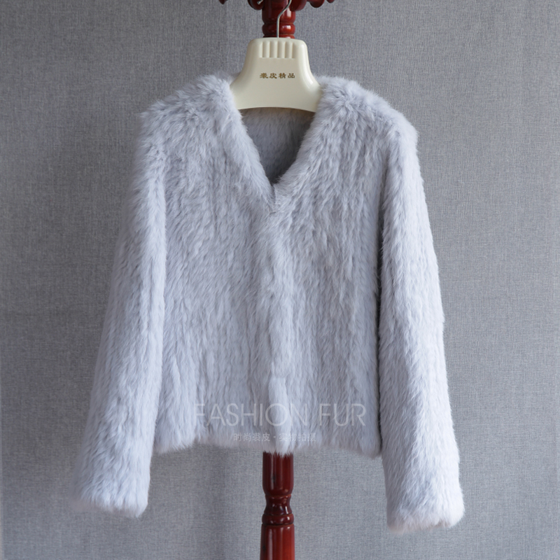 V领纯手工编织兔毛双面加厚开衫