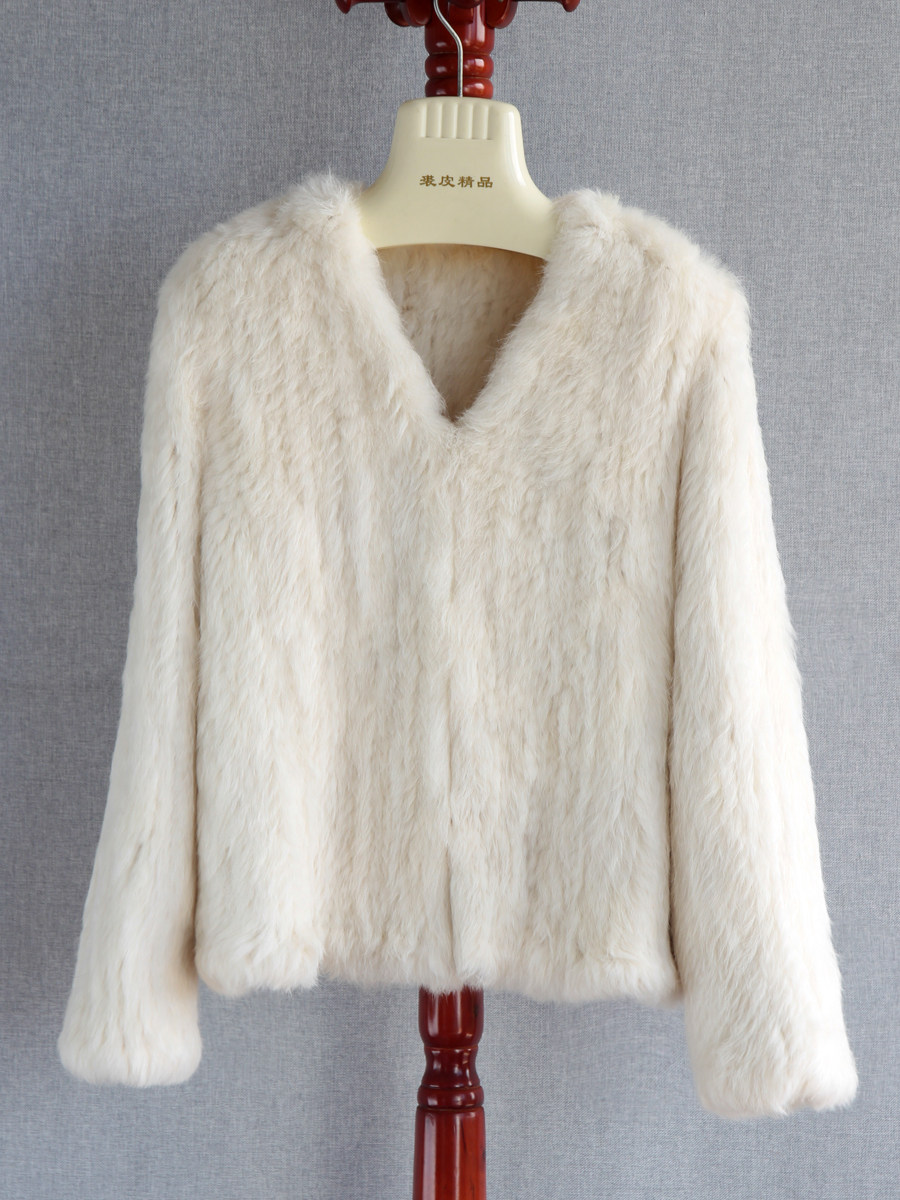 2024 브이넥 순수 손으로 짠 토끼털 코트 토끼털 코트 양면 두껍게 짠 모피 가디건