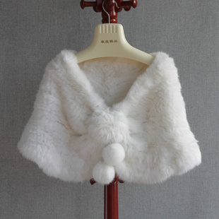 2025款 抽花带球球新娘兔毛披肩皮草披肩 外贸单品小兔毛编织披肩