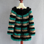 圆领韩版 2025款 中长款 修身 拼色皮草大衣 野兔毛手工编织皮草外套