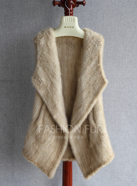 2025年进口水貂编织皮草马甲中长款V领手工双面加厚编织裘皮背心