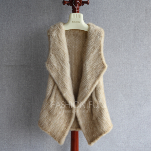 2025年进口水貂编织皮草马甲中长款 V领手工双面加厚编织裘皮背心