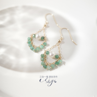 5月生辰石天然祖母绿淡水珍珠美国包金瘦脸流苏耳环耳饰耳坠耳夹