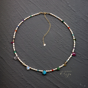 宝石匣子项系列天然高亮珍珠彩宝美国14K注金choker颈链锁骨链