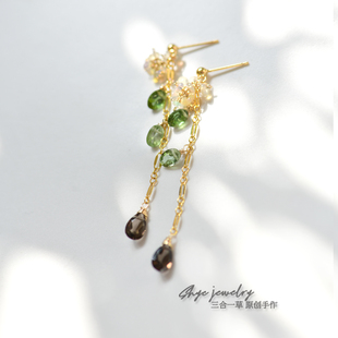 碧芽丨三合一草原创天然碧玺欧泊美国注金小众设计轻奢耳环耳饰
