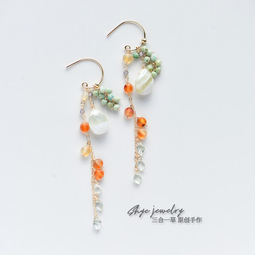 三合一草一草天然蓝纹玛瑙耳环