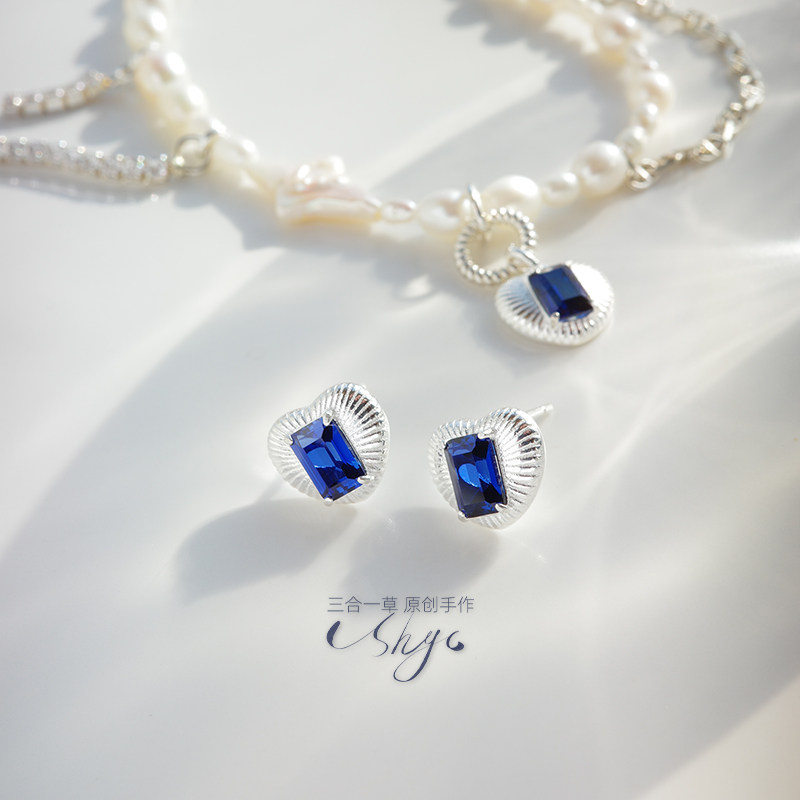 9月生辰石蓝宝石纯银耳钉三合一草原创设计925银爱心镶嵌耳环防敏