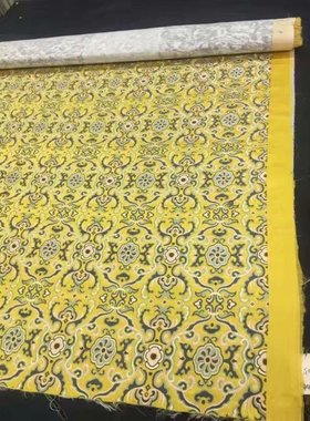 南京云锦礼服 唐装旗袍淡黄色牡丹花蝴蝶织金纯手工云锦布料