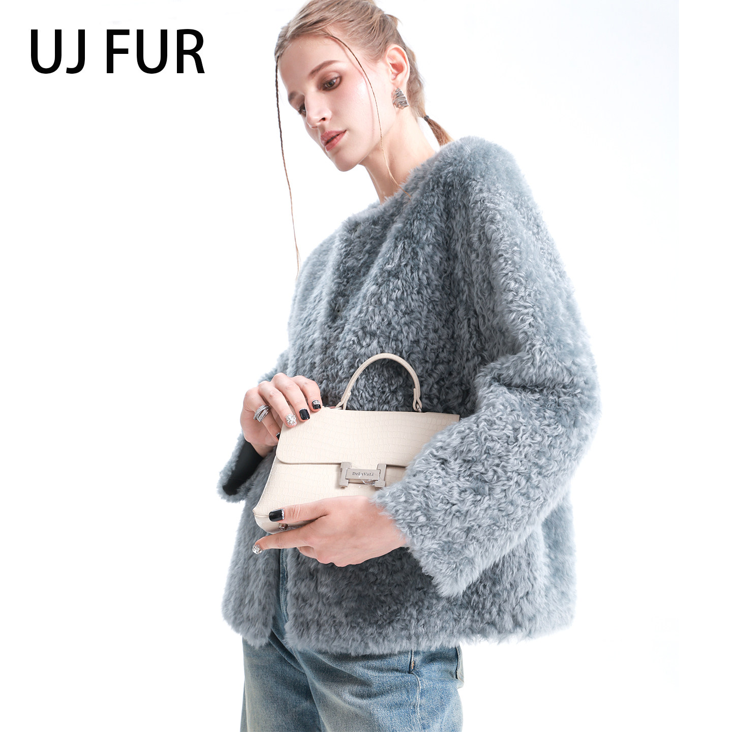 时尚高级感短皮草外套女灰蓝色泰迪毛保暖加厚短款毛毛外套