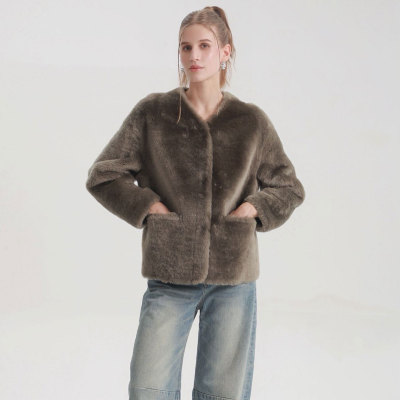 UJ/西班牙进口皮毛一体 女外套拉贡中长款圆领爆款皮草真皮外套