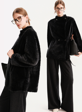 UJ/简约石墨灰色羊皮毛一体皮草外套女中长款立领廓形通勤风大衣