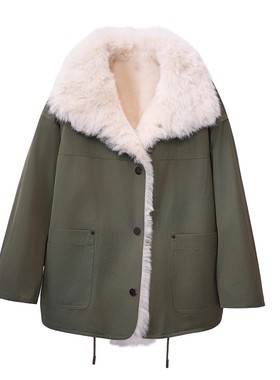 派克服高端进口皮毛一体内胆可脱卸女款2025新款巴恩风小湖羊毛领