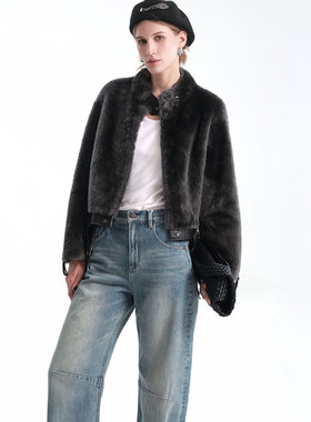 UJ/南非进口拉贡LACON 小羊羔毛女冬季真皮毛一体V领短款外套